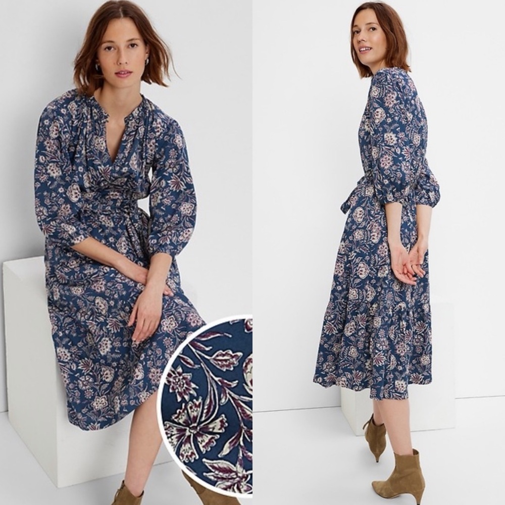 Gap Tiered Tie-Waist Midi Dress in Blue Floral - Picture 1 of 8
